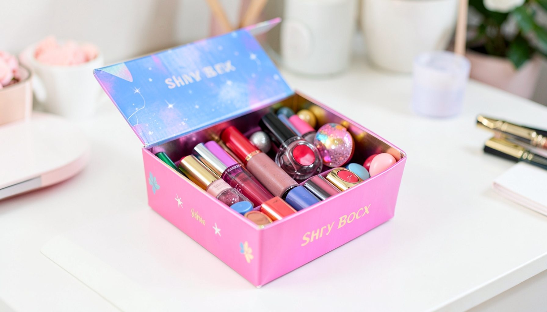 Pudełko Shiny Box z kolorowymi kosmetykami w środku na białym biurku, radosny, odkrywczy nastrój.